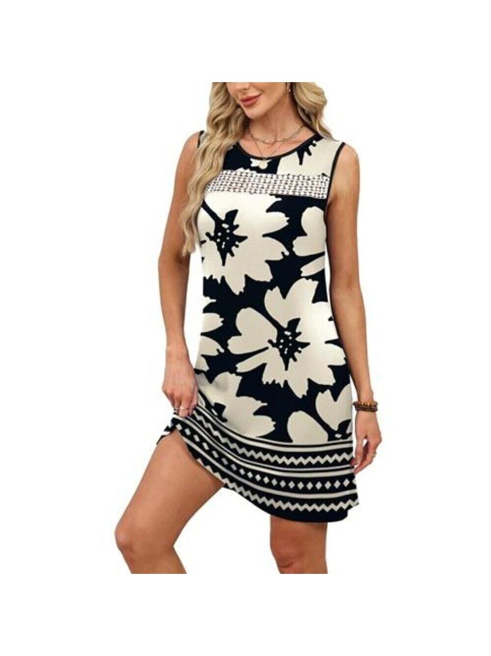Women’s Black & White Lace Tank Dress Sleeveless Loose Fit Dress with Pockets